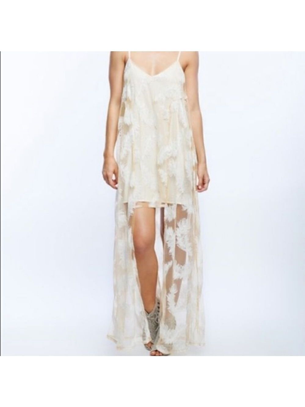 LINE & Dot Feather embroidered high low cream dres